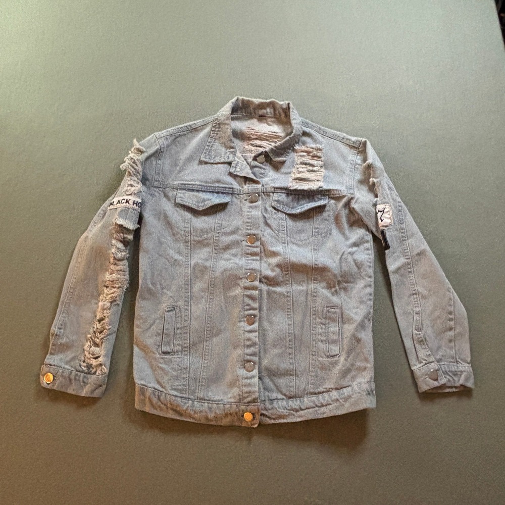 Distressed Graphic Denim Jacket Womens M Light Wash Punk Rock Streetwear Pixies